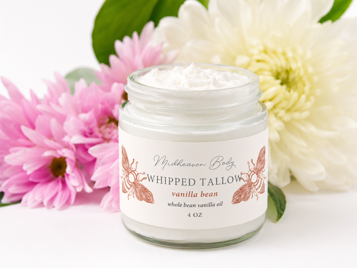 Whipped Tallow -  Vanilla Oleoresin Oil - Grass Fed & Finished - Hand Crafted Tallow Balm, Glass Jar, USA Origin Tallow, Gift For Anyone