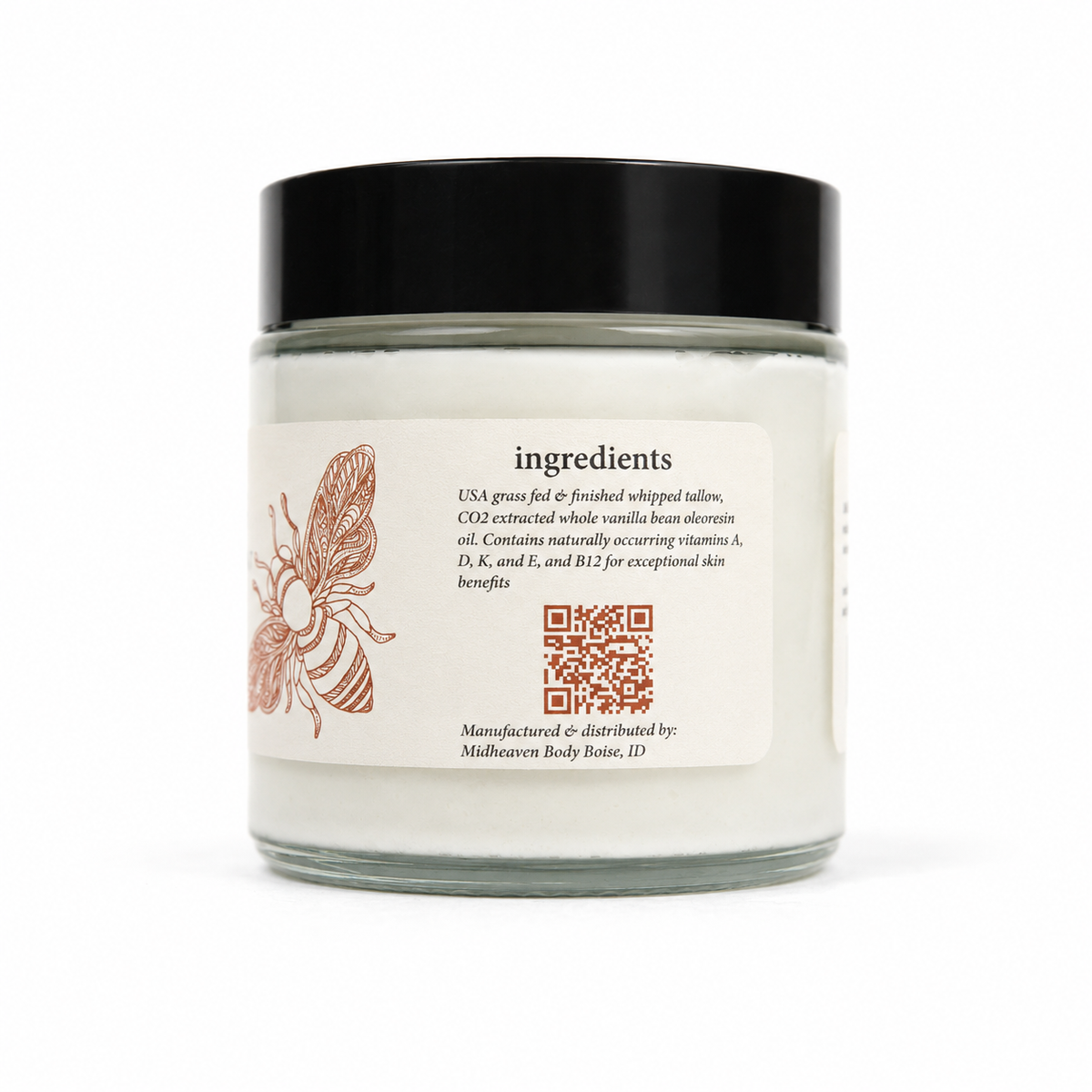 Whipped Tallow -  Vanilla Oleoresin Oil - Grass Fed & Finished - Hand Crafted Tallow Balm, Glass Jar, USA Origin Tallow, Gift For Anyone
